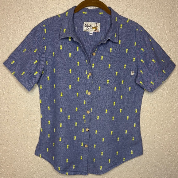 Roberta Oaks Blue Cotton Pineapple Print Hawaiian Aloha Shirt Women's Size M - Picture 1 of 11